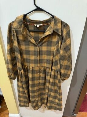Umgee Mustard and Olive Plaid Button-Front Midi Dress